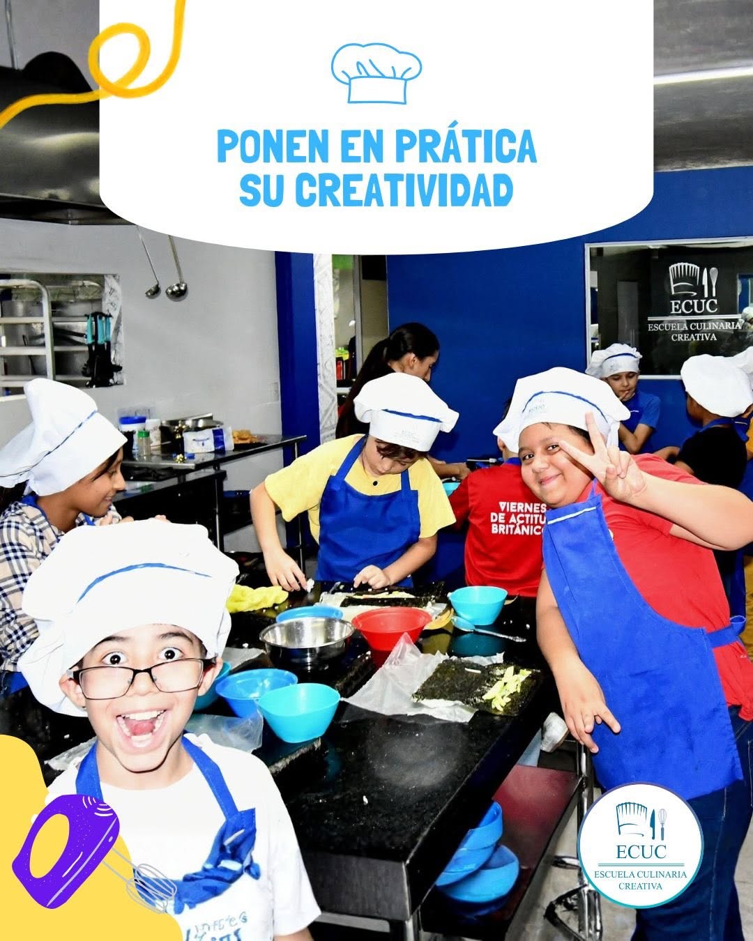 Niños felices cocinando en el curso Jr Chef de Escuela Culinaria Creativa